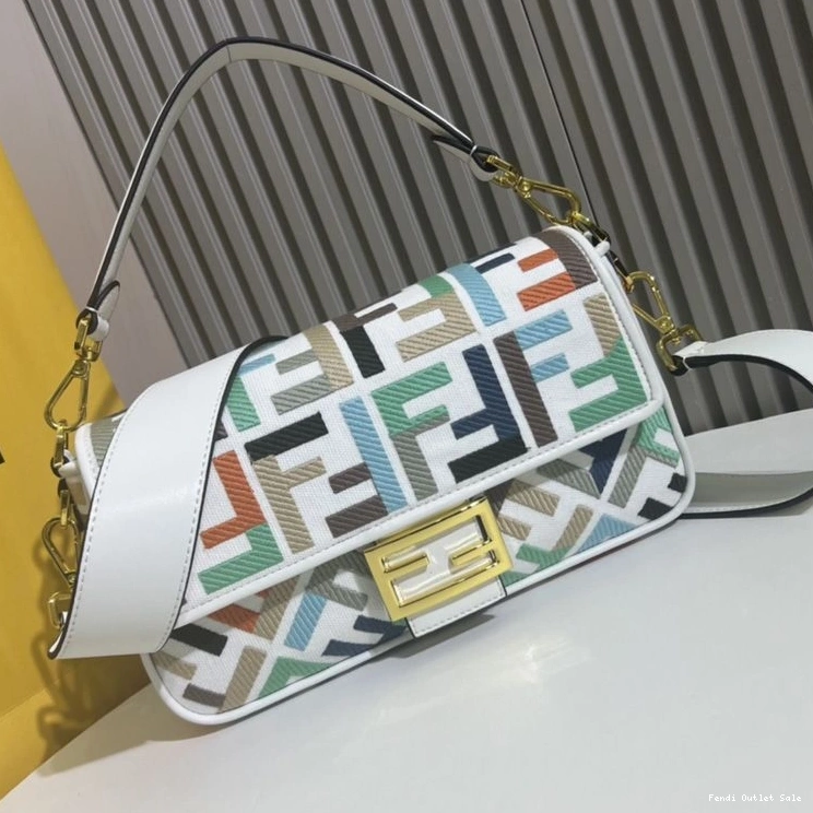 Cheap Multi FF In Canvas Medium White Baguette Motif Fendi Bag 0728